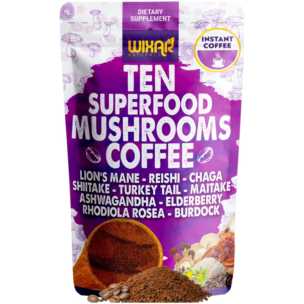WIXAR Superfood Mushroom Coffee - Instant Coffee Powder, tio Superfood Extracts med Lion's Mane, Turkey Tail, Reishi, Chaga, Shiitake, Ashwagandha, Rhodiola Rosea, Elderberry, 5oz Mushroom Supplement
