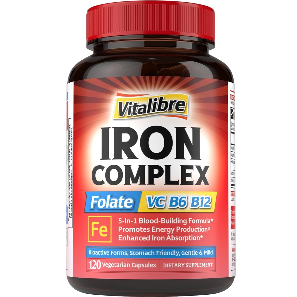 Järntillskott för kvinnor och män, med vitamin C, B6, B12 & folat för järnbrist, Blodbyggnad och energistöd, mage vänlig, bättre absorption, icke-GMO, ingen gluten, 120 Vegan Caps