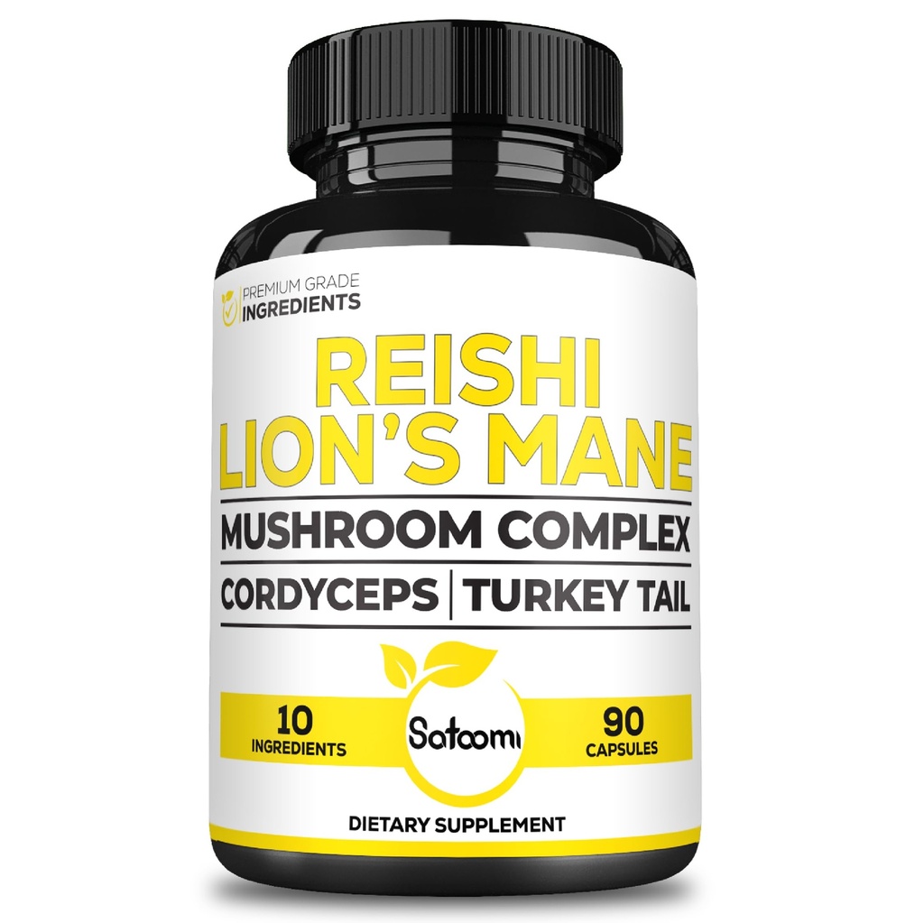 Satoomi Reishi Supplement Complex 5000Mg - 10in1 Kombinerat med Lions Mane, Cordyceps Sinensis, Chaga Mushroom & Others - 90 kapslar för 3 månader