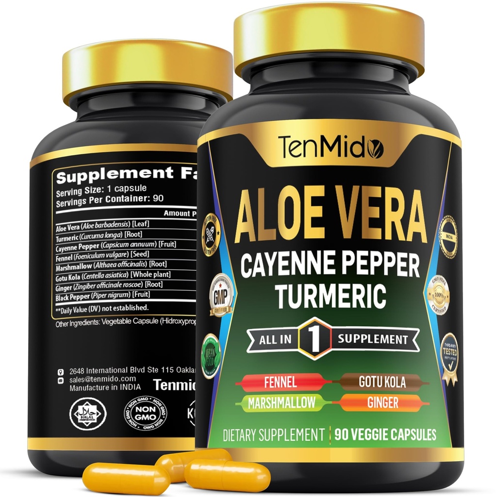 Aloe Vera Capsules Supplement - 8in1 Formula - Combine with Turmeric, Cayenne Pepper, Marshmallow, Fennel, Gotu Kola, Ginger, and Black Pepper - 90 Capsules for 3 Months Supply