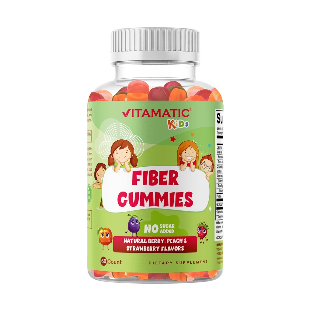 Vitamatic Kids Prebiotic Fiber Gummies - Extra Strength 4g Fiber - Zero Sugar Added - 60 Pectin-Based Gummies - Digestive Health & Regularity Support