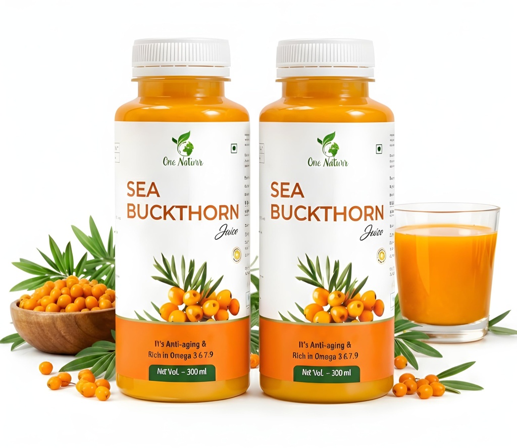 One Naturr - Sea Buckthorn Juice, Himalayan Berry Juice - 300ml, Anti-aging, Rich in Omega 3 6 7 9, Orange, Liquid Form, Gluten Free (Pack of 2, 300ml each)