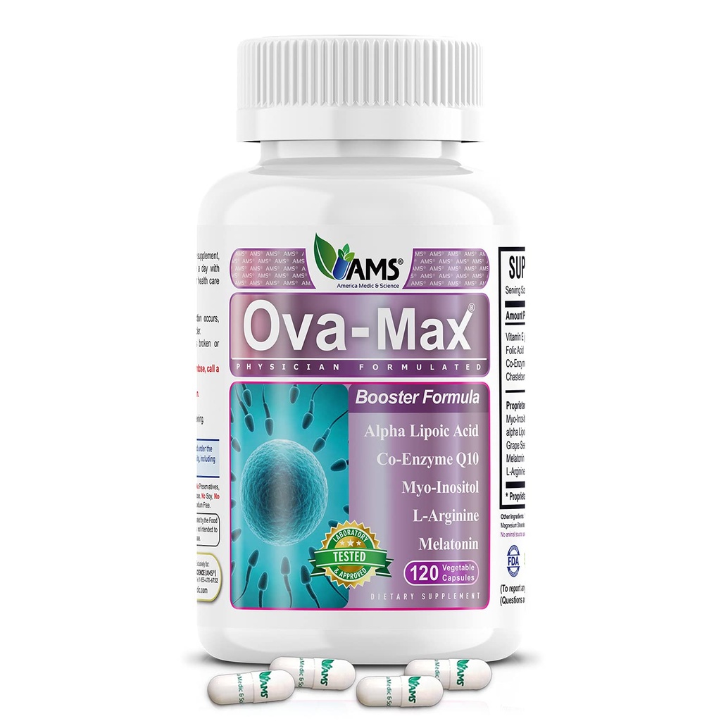 Amerika Medic & Science OVA-Max Prenatal Vitamins för kvinnor (120 kapslar) ökar fertilitet och ägglossning | Graviditetshjälp och kvinnliga förutfattade kosttillskott med Q10, folsyra och myo-inositol