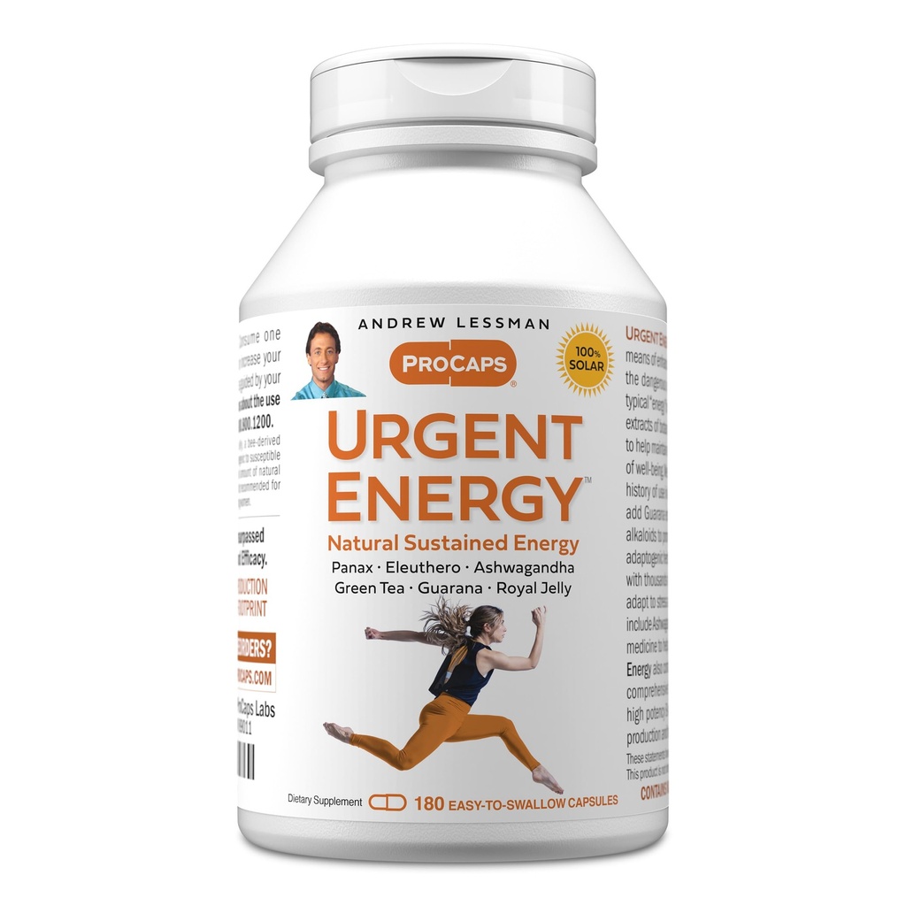 ANDREW LESSMAN Urgent Energy 180 Capsules - Ger ett säkert, hälsosamt medel för att förbättra energinivåer och känslor av välbefinnande, grönt te, Guarana, Ginseng, Royal Jelly, Ashwagandha, B-Complex