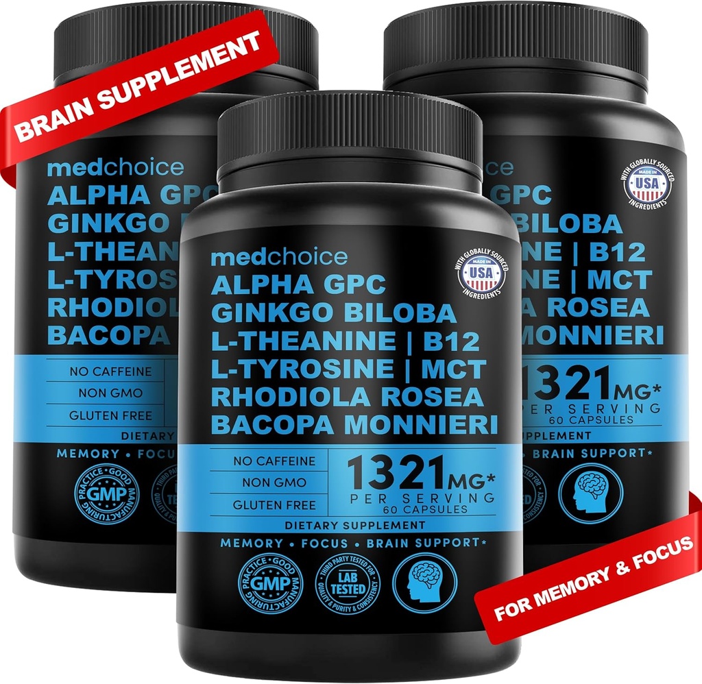 12-i-1 Nootropic Brain Supplement Anhydrous: Ginkgo Biloba för hjärnstöd, minne och fokus - B12, Alpha GPC, L Theanine och Choline Supplements med Bioperine Non Caffeinated 1321mg (180ct)