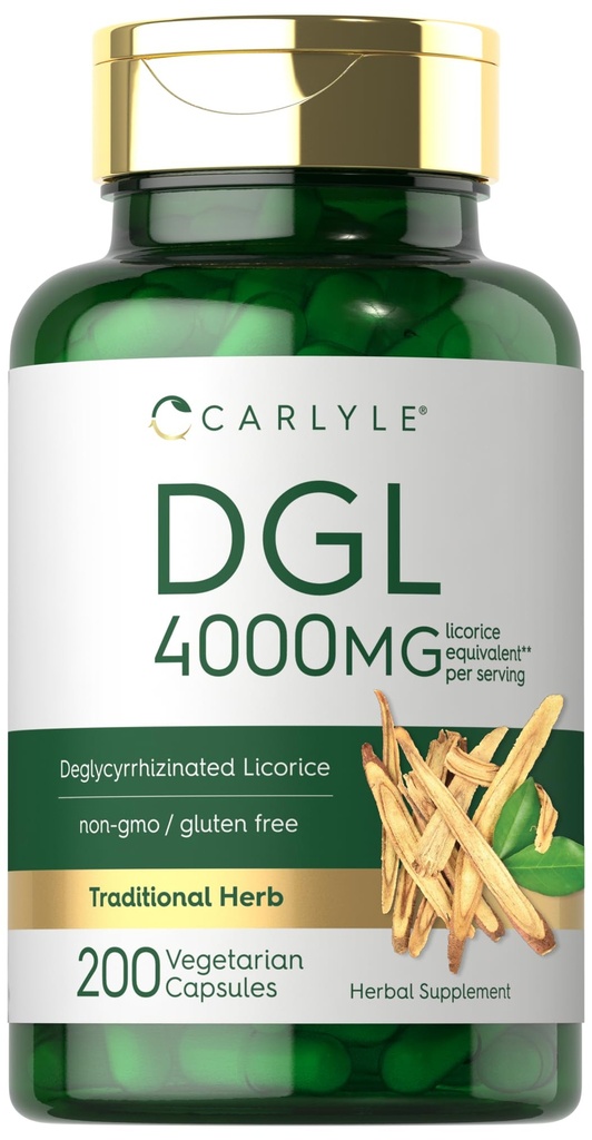 Carlyle DGL Deglycyrrhizinated Licorice Capsules | 200 greve | 4000mg | Vegetarisk, icke-GMO & Gluten fri tillägg
