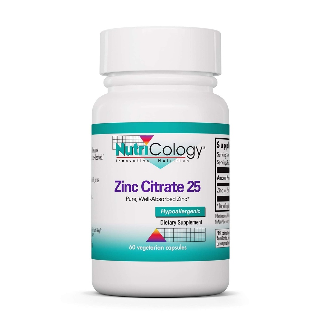 Nutricology Zinc Citrate Supplement - 25mg Zink för Män & Kvinnor, Immune Support, Pure, Well-Absorbed, Well-Tolerated, Trace Mineral, Vegetarian Capsules - 60 Count