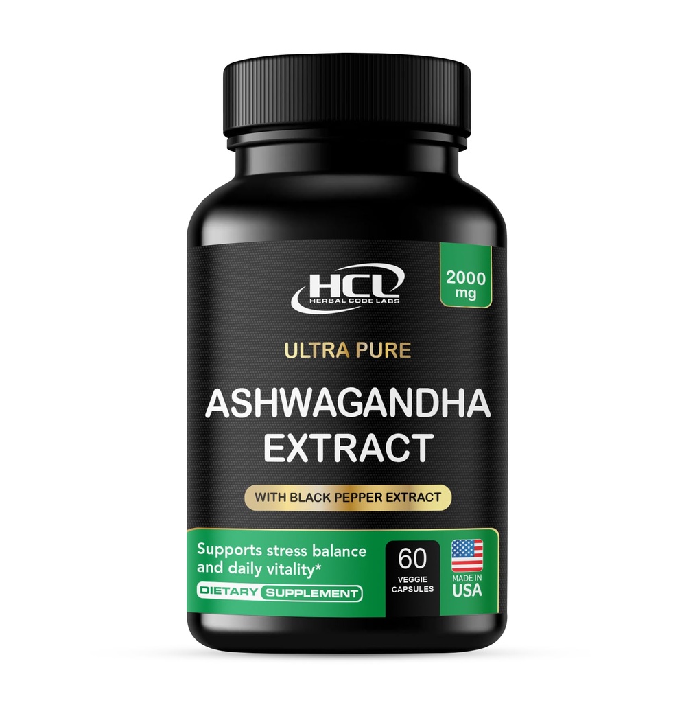 Organic Ashwagandha Capsules 2000 MG Root Powder Extract with Black Pepper & Lemon Balm 2 Month Supply - Natural Way to Relieve Stress