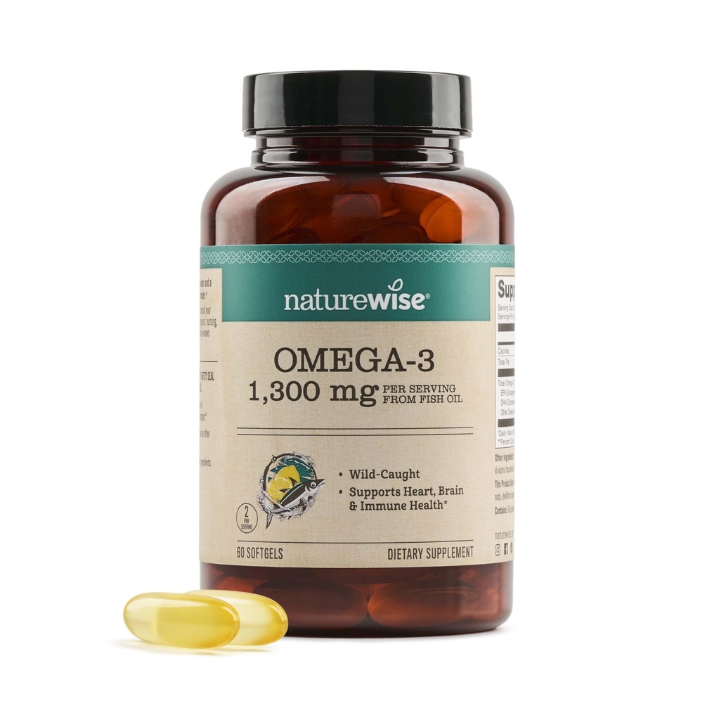 NatureWise Ultra Omega 3 Fish Oil 2200 mg - 1300 mg Omega-3 - Triglyceride Form - Lemon Flavor - Wild-Caught Fish Oil + EPA & DHA - Burpless, Non-GMO - 60 Softgels