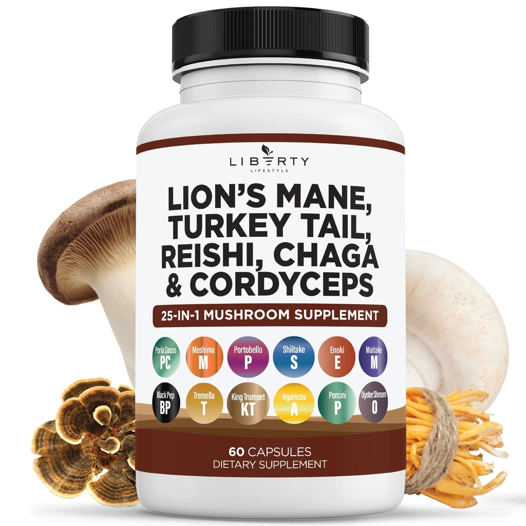 Lions Mane Mushroom Supplement med Turkiet Tail Reishi Cordyceps Chaga med Marshmallow Root - 1-Pack