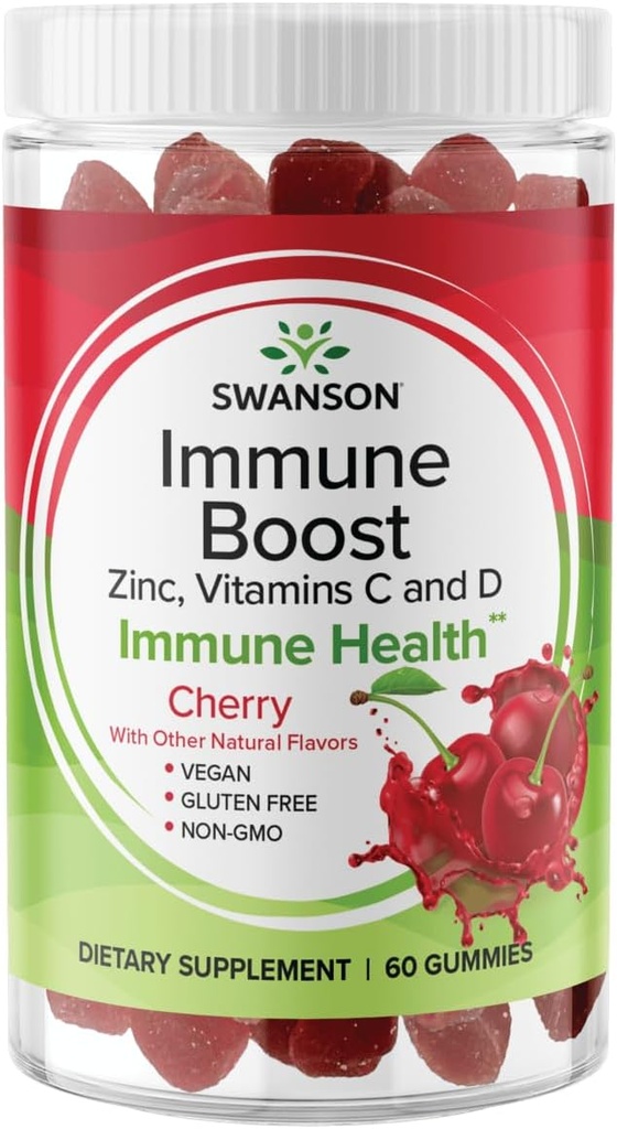 Swanson Immune Boost Gummies med Acerola, Zink och vitamin C & D - Allt naturligt tillskott som främjar ett hälsosamt immunsystem - hjälper till att stödja en hälsosam kropp - (Cherry, 60 Gummies)