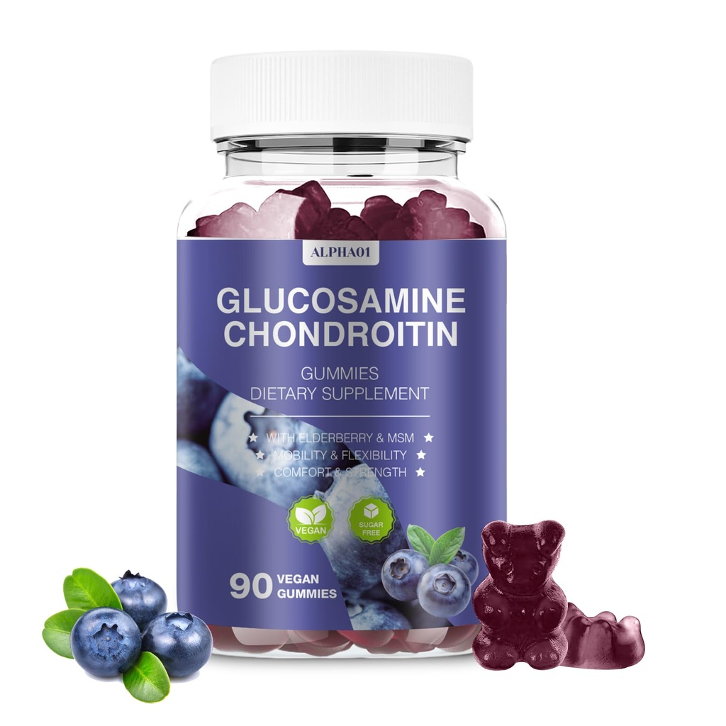 Glukosamin Chondroitin Gummies - 3000MG Extra Strength Joint Support Supplement med MSM & Elderberry, Flexibilitet, Antioxidant Immune Support Gummy för vuxna, Män & Kvinnor 90 Blueberry Gummies