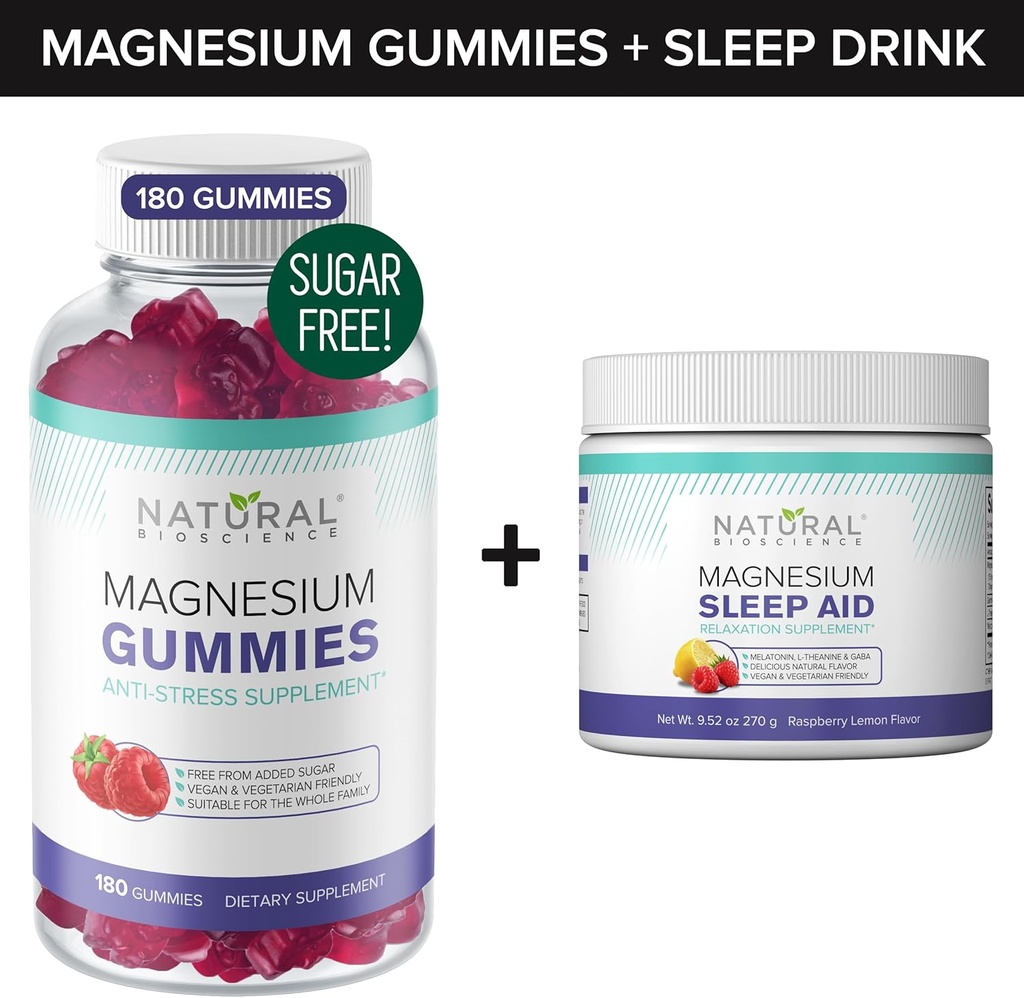 Sugar-Free Magnesium Gummies (180 Gummies) och Magnesium Night Time Powder med Magnesium Citrate, Melatonin, L-Theanine och GABA - Vegan, Gelatin-Free, Gluten-Free, Non-GMO