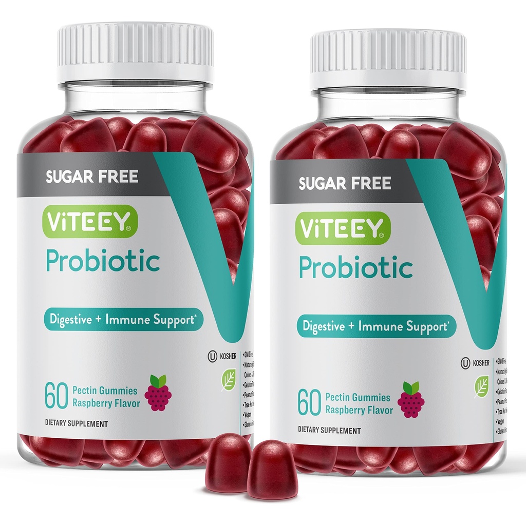 Viteey Probiotic Gummies for Women, Men & Teens, 2 miljarder CFUs - Sugar Free - Immune Booster, Digestive Support, Gut Health - Vegan, Gelatin Free, GMO Free - Tasty Chewable Raspberry Flavored Gummy