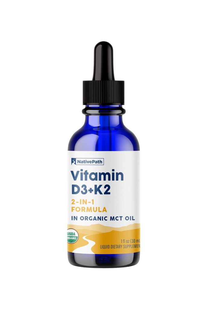 NativePath D3K2 Tincture - 2000IU Vitamin D3 och Vitamin K2 Supplement med organisk MCT Oil - 1 Fluid Ounce - Rapid Bioavailability Multi-Vitamin för benstyrka och Total Body Wellness, 30 portioner