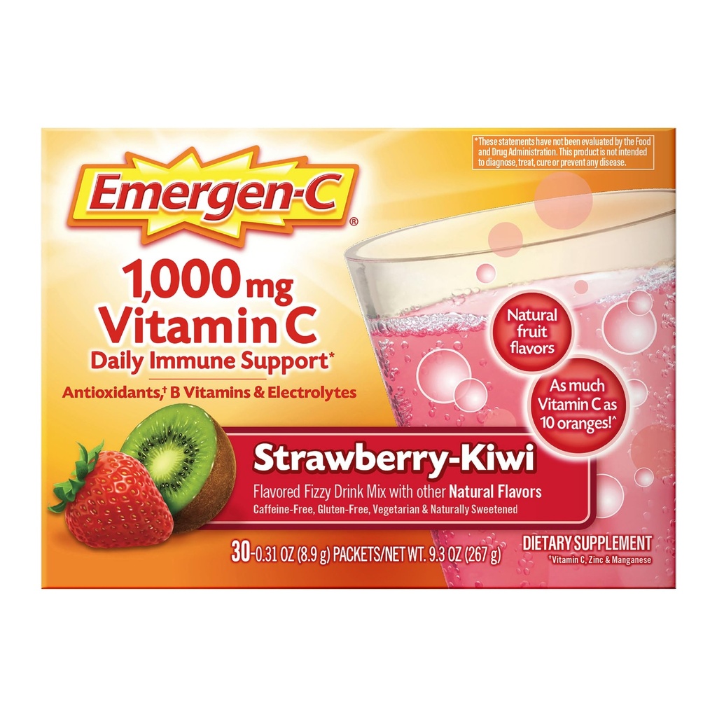 Emergen-C 1000mg Vitamin C Immune Support Powder Strawberry Kiwi 30CT inkluderar Zink, Manganese, 7 B Vitaminer och elektrolyter för Back to School Essentials