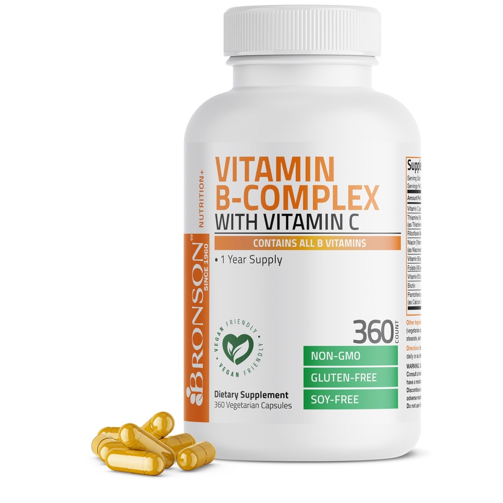 Bronson Vitamin B-komplex med vitamin C - Immunhälsa, energistöd och nervsystemstöd - icke-GMO, 360 vegetariska kapslar