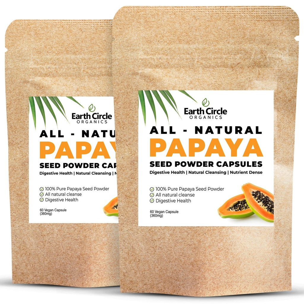 Papaya Seed Powder Capsules - Kraftfull Papain Supplement med vitamin A, C, & E & Enzymes for Digestion & Gut Health - 360mg/Serving - 60 Vegan Capsules per Pack (Pack of 2, 60-120 Day Supply)