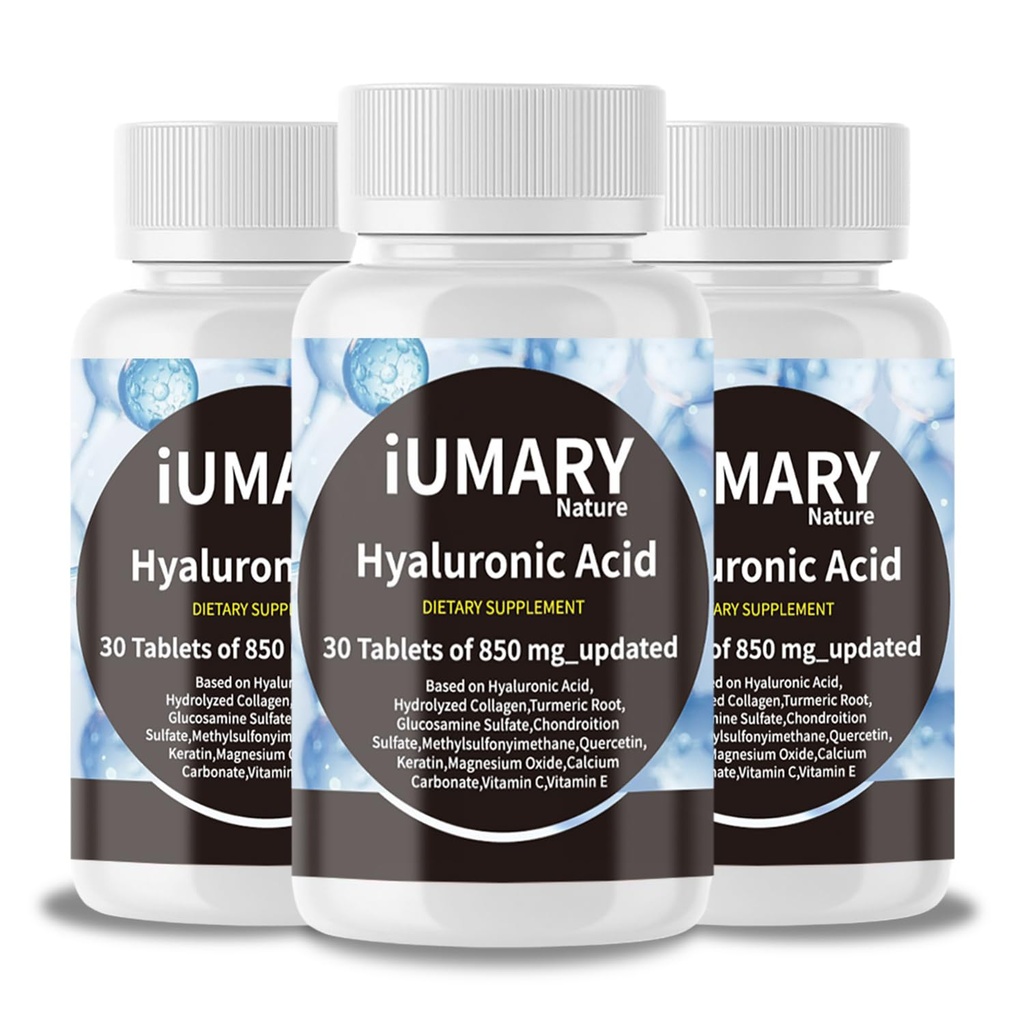 Hyaluronsyratillskott, 850mg High Bioavailable Dietary Hyaluronsyra - Avancerad gemensamt stöd med hydrolyserad Collagen, gurkmeja, glukosamin, MSM, Vitamin C - 30 tabletter (Pack av 3)