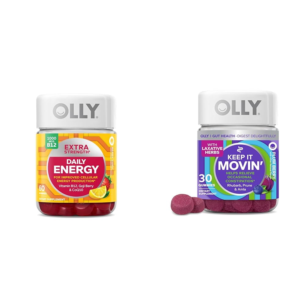 OLLY Extra Strength Daily Energy Gummy with Vitamin B12, CoQ10, Goji Berry, 60 Count & Keep It Moving Constipation Relief Gummy with Rhubarb, Prunes, Amla, 30 Count