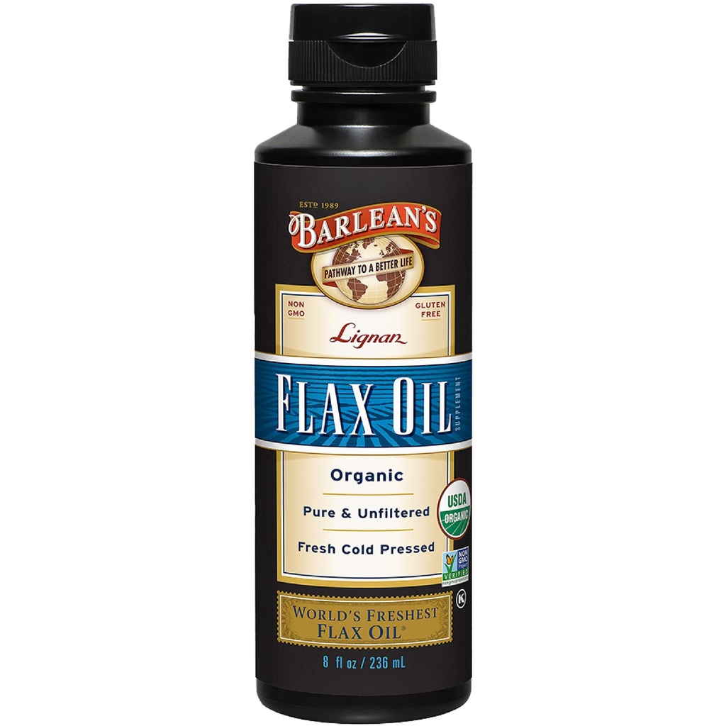 Barleans Organic Lignan Flaxseed Oil Liquid Supplement från Cold Pressed Flax Seeds, 7,230 mg ALA Omega-3 Fatty Acids för hud och hårvård, Vegan & Gluten Free, 8 oz