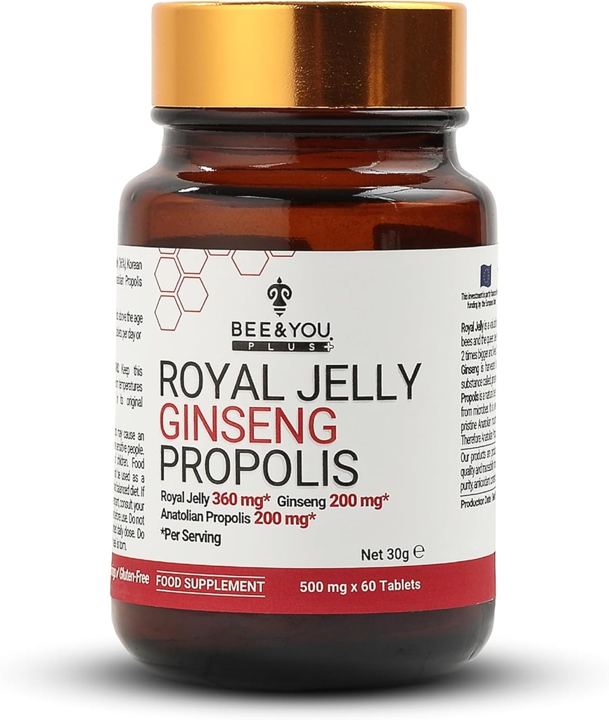 Bee och You Royal Jelly med Ginseng Tablet, Propolis Extract, 60ct, 100% Natural Superfood, Ultra Pure, Immune Support Supplement, Antioxidanter, Keto, Paleo, Gluten-Free