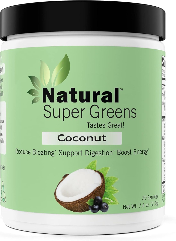 Natural Super Greens Powder Organic| Green Supplements| Great Tasting Fruits and Vegetables Juice & Smoothie Mix| Probiotika & Digestive Enzymes| Green Superfood Spirulina & Chlorella (Coconut)