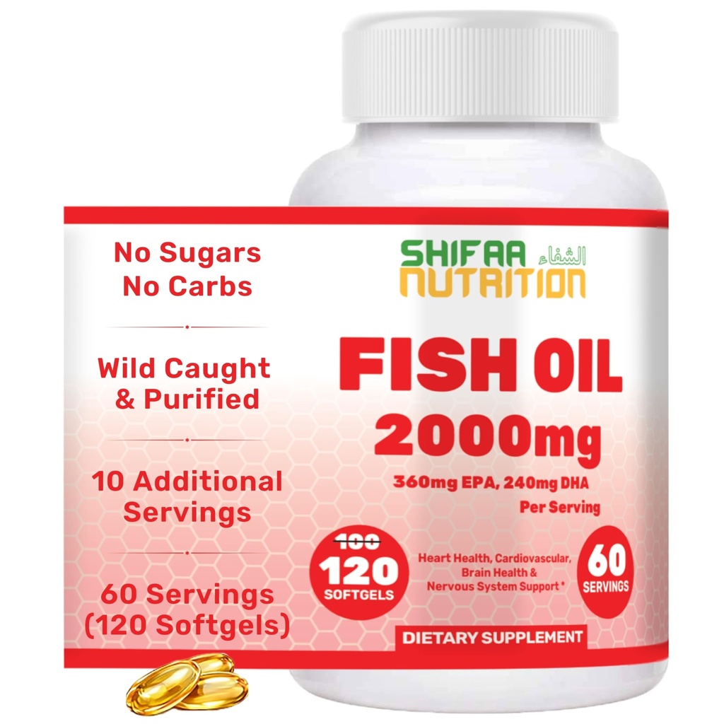 SHIFAA NUTRITION Halal Fish Oil 2000mg Softgels med 360mg EPA & 240mg DHA. 100 Wild Caught & Non-GMO Omega 3 Softgels för hjärt- och hjärnhälsa. Burpless, Easy-to-Swallow Fish Oil Omega 3 Tillskott
