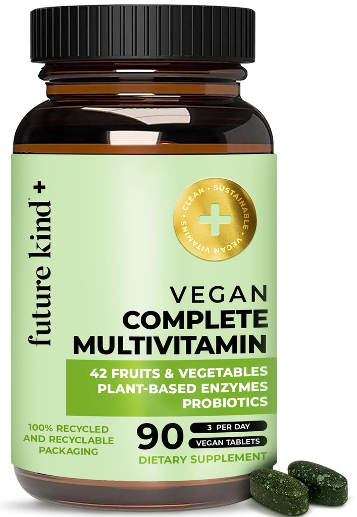 Future Kind Vegan Multivitamins Complete - 42-i-1 Vegan Multivitaminer för kvinnor och män med enzymer, B12, Zink & Probiotika för Digestion (90 flikar i återvunnen flaska)
