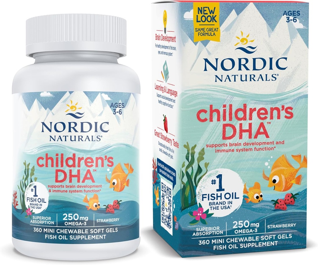 Nordic Naturals Children's DHA, Strawberry - 360 Mini Chewable Soft Gels för barn - 250 mg Omega-3 med EPA & DHA - Brain Development & Function - Non-GMO - 90 portioner