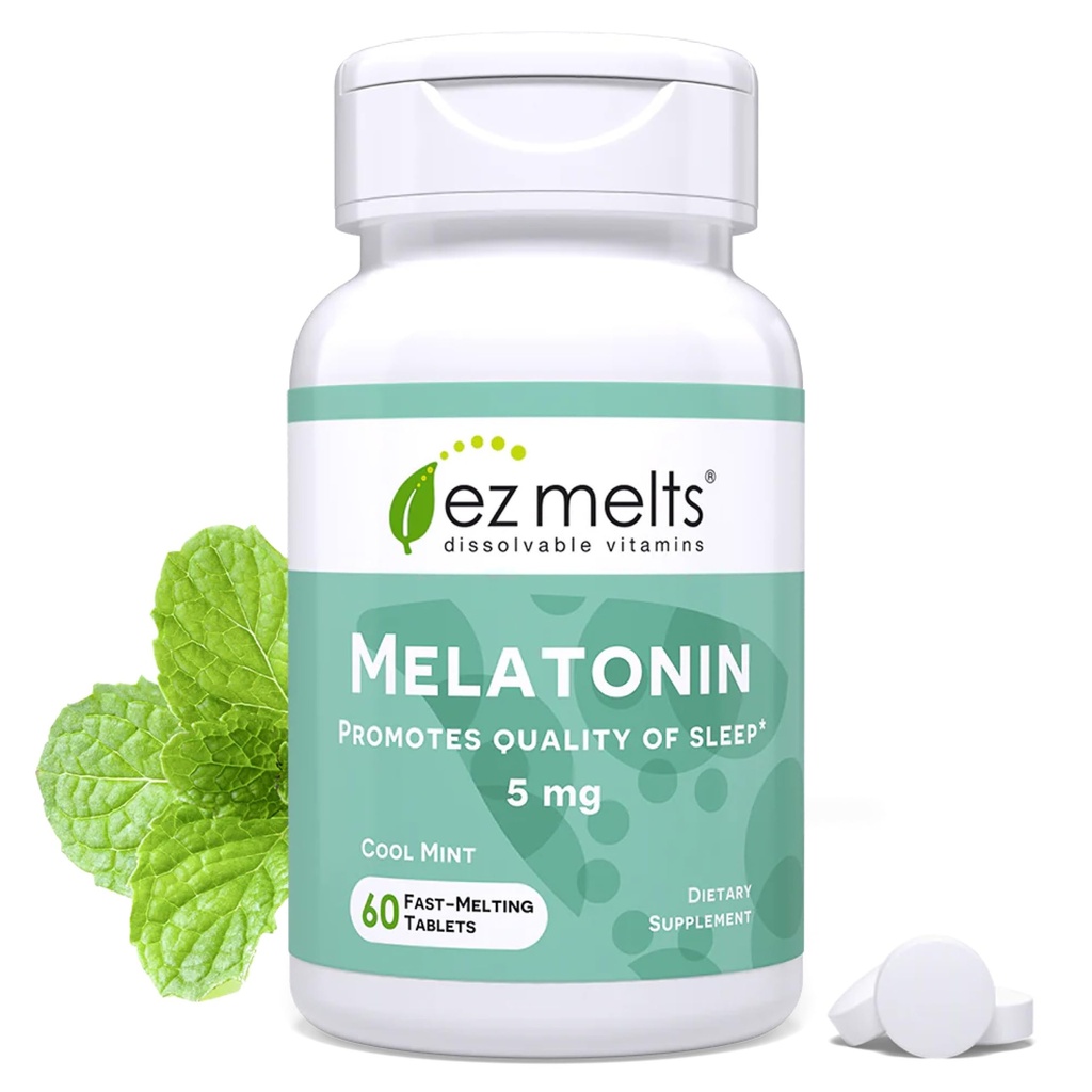 EZ smälter Melatonin - Sömnstödstillägg - Inga konstgjorda smaker - Non-GMO & Sugar-Free - Cool Mint - 60 upplösbara tabletter (60 portioner)