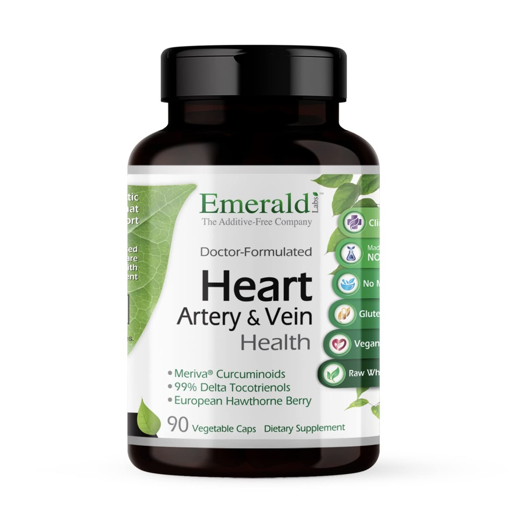 Emerald Labs Heart, Artery & Vein Health - Heart Health Support med Hawthorn Berry, Meriva Turmeric, Vitamin K2 som Vital Delta MK-7 & More - Glutenfri - 90 Vegetable Capsules (30-dagars leverans)