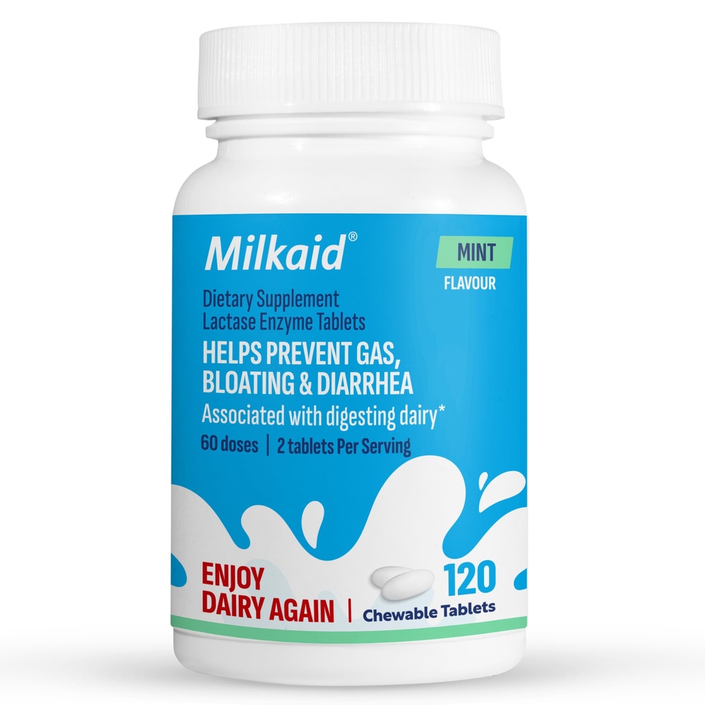 Milkaid Lactase Enzyme Chewable Tablets for Lactose Intolerance Relief | Förhindrar Gas, Bloating & Diarrhea | Fast Acting Dairy Digestive Supplement (120 tabletter, Mint)