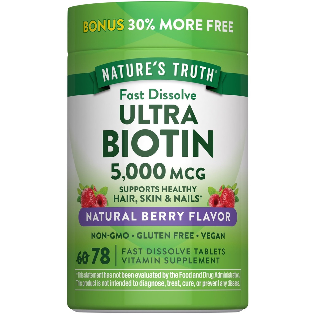 Naturens Sanning Biotin 5000mcg | 78 Snabbupplösta tabletter | Naturbär smak | Vegan, icke-GMO, Glutenfri