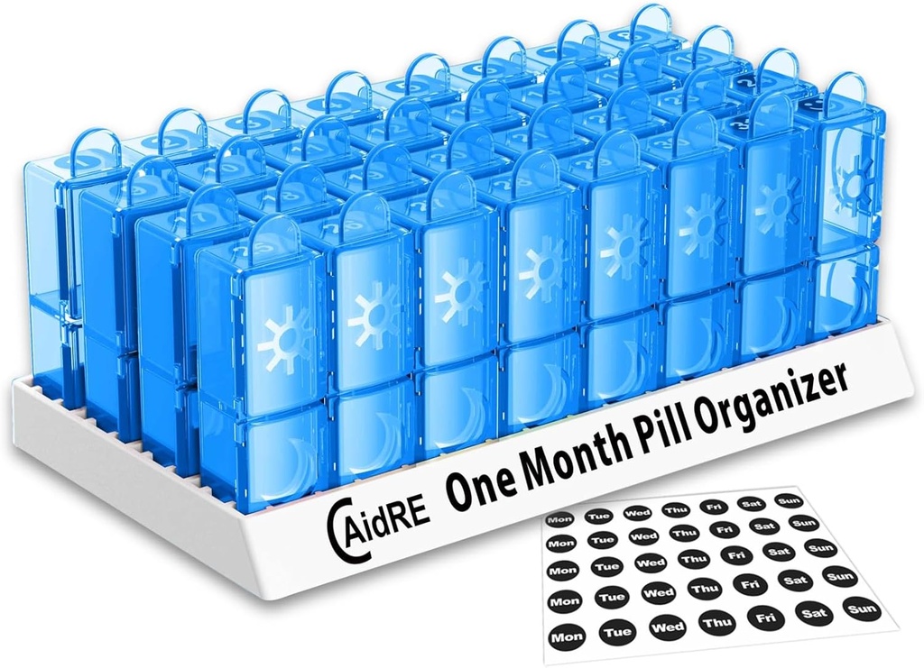 31 Day Pill Organizer AM / PM - Månatlig Pill Box för mediciner, vitaminer och tillägg - En månad 2 gånger per dag Pill Case, 4 veckors daglig Pill Organizer, Blue