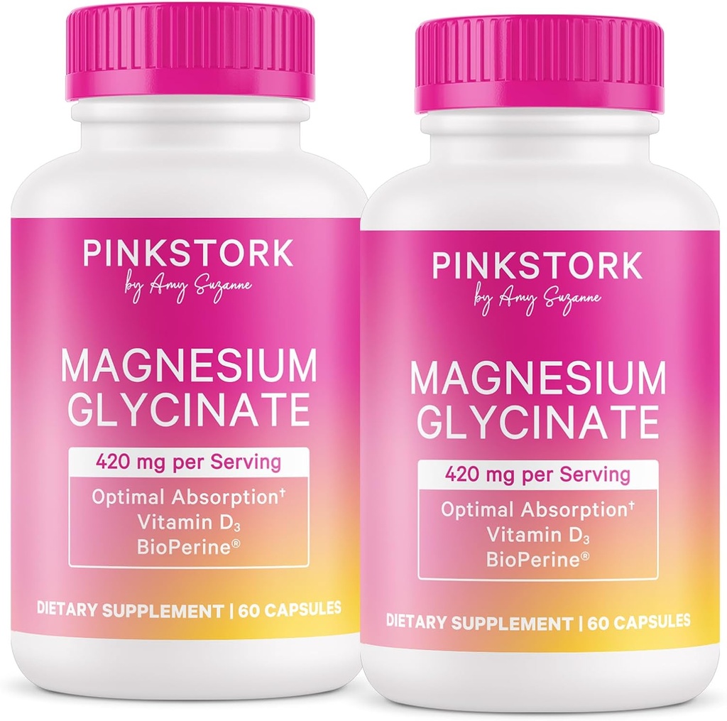 Rosa Stork Magnesium Glycinate med vitamin D - Magnesium Supplement för kvinnor att stödja naturligt lugn - 2 Pack