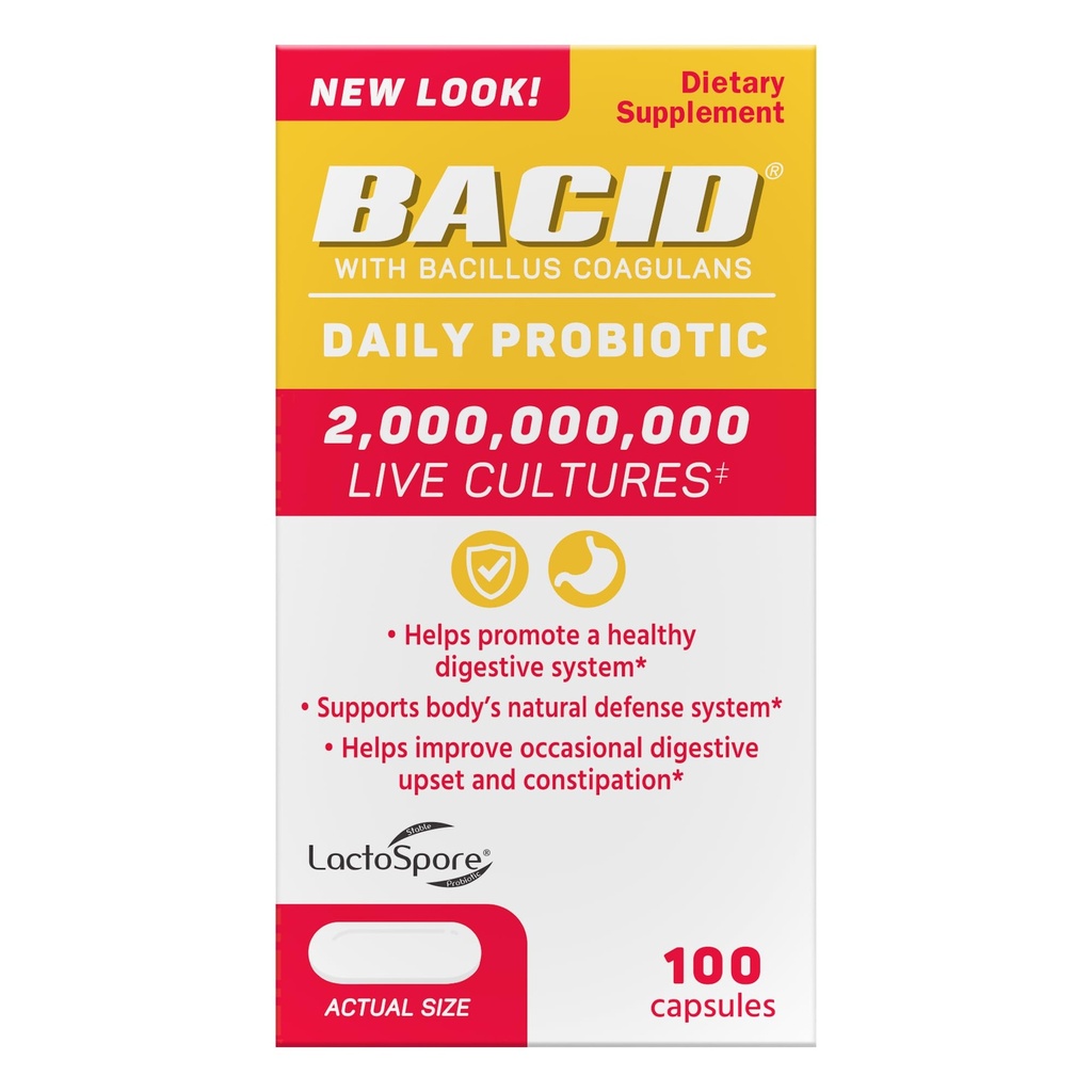 Bacid Daily Probiotic med Bacillus Coagulans, Kosttillskott för Digestive Health, 100 kapslar