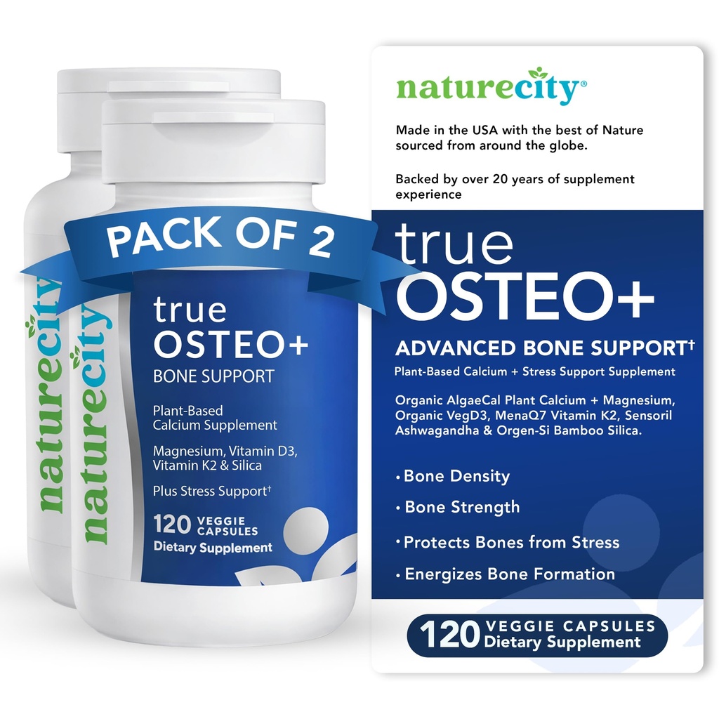 NatureCity True-Osteo + Bone Support med Ashwagandha - för styrka och densitet - Plantbaserad kalcium med organisk AlgaeCal, Magnesium, vitamin D3, K2, Silicon & Stress Support | 240 Veggie kapslar