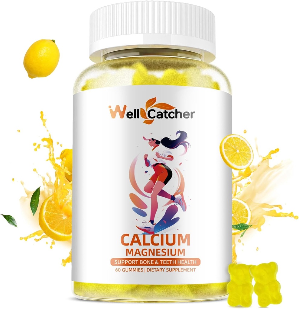 Kalcium Magnesium Gummies Vuxna Barn - Sugar Gratis Tuggbar Vegan Alger Kalcium Tillskott för Kvinnor Stöder Plus Ben Styrka med Zink Kalium Vitamin D3 K2 Lemon Flavor 60CT