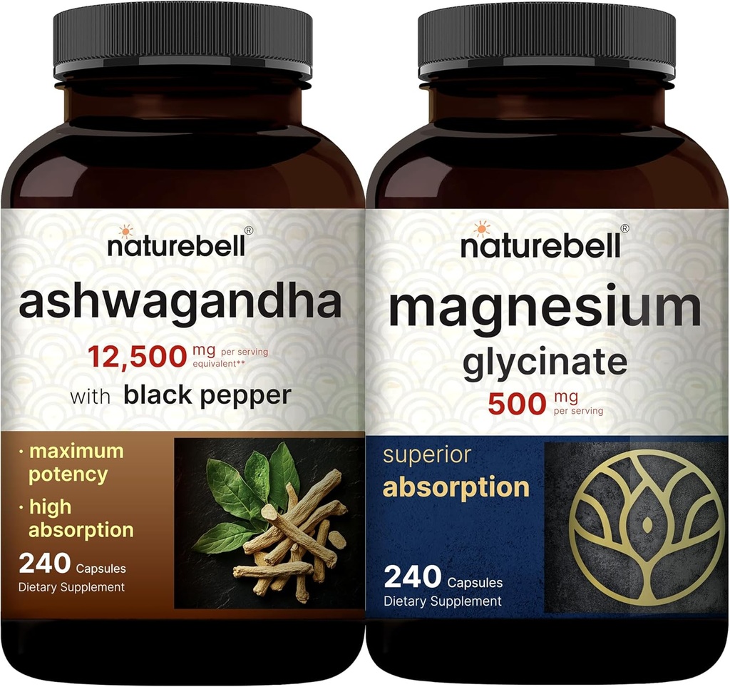 NatureBell Magnesium Glycinate Capsules 500mg & Ashwagandha 12 500 mg Likvärdigt med Black Pepper Bundle Pack | Chelated & Purified Mineral | Adaptogens Supplements for Relaxation