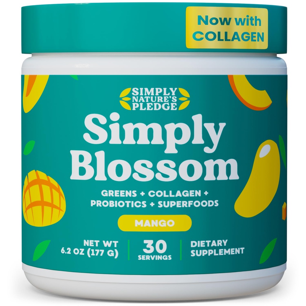 Simply Blossom Nutrition Daily Greens & Superfood Powder + Collagen + Probiotics for Women's Digestive Health & Bloating Relief. Help Your Health Bloom - 30 Day Supply - Mango