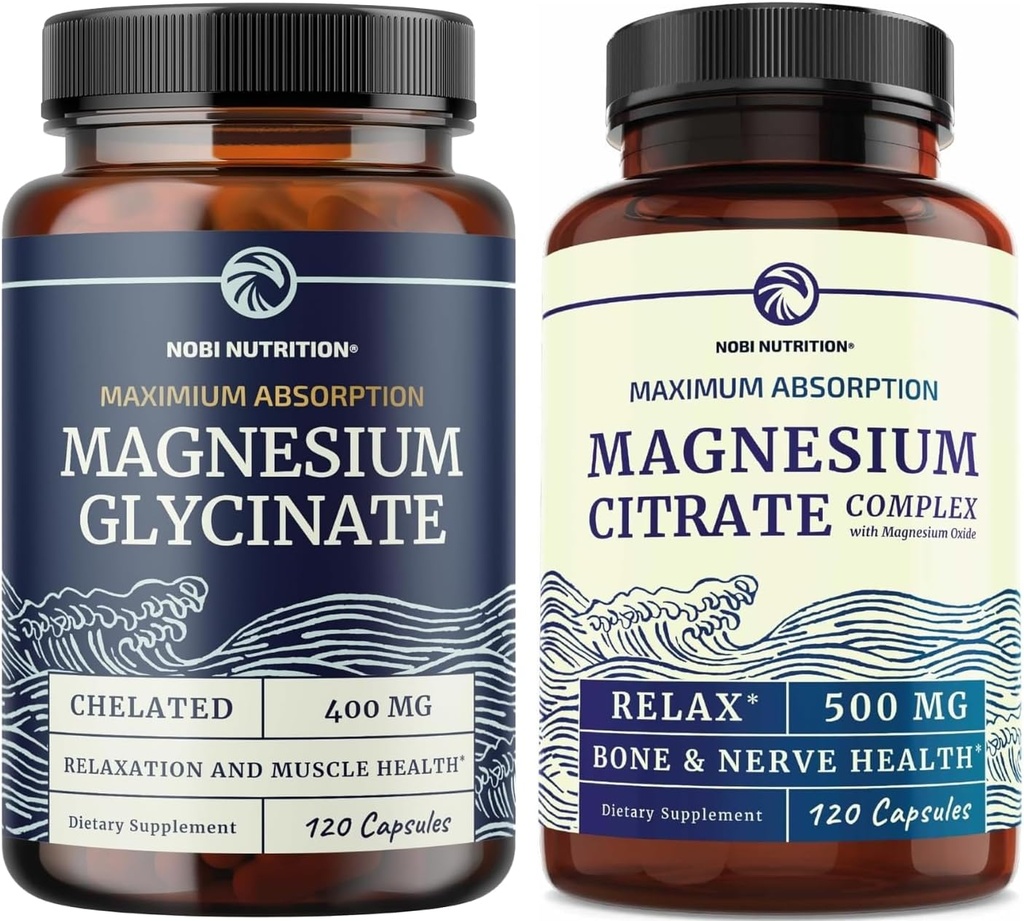 Magnesium Glycinate 400mg (120ct) & Magnesium Citrate 500 MG (120ct) | Hög Absorption, lugn, avkoppling, matsmältning och muskelstöd | Non-GMO Magnesium Komplex Bundle