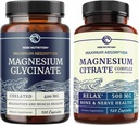 Magnesium Glycinate 400mg (120ct) & Magnesium Citrate 500 MG (120ct) | Hög Absorption, lugn, avkoppling, matsmältning och muskelstöd | Non-GMO Magnesium Komplex Bundle