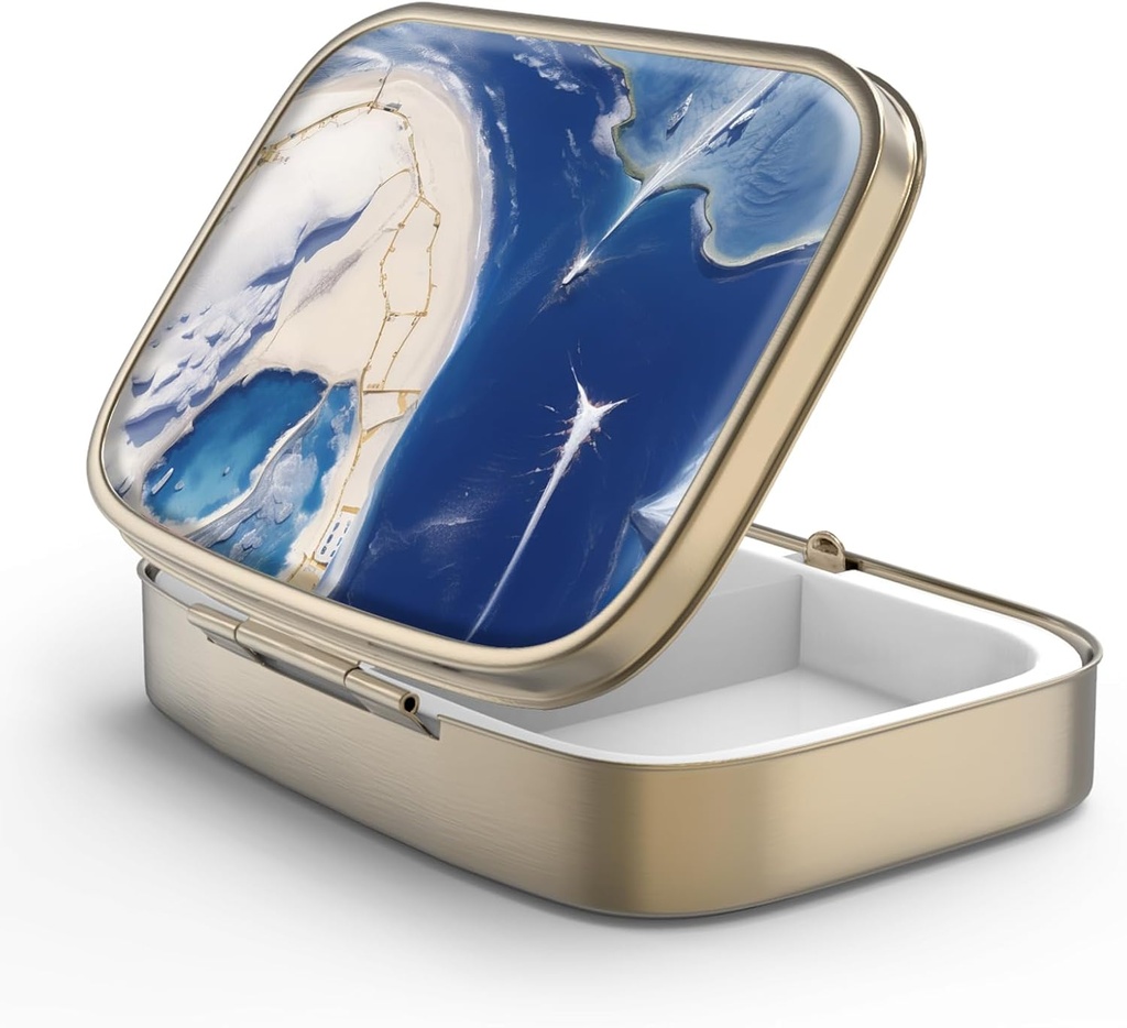 Pill Case Pill Box med Mirror Retro 2 Compartment Small Pill Case för väska eller ficka brons rektangulär pillåda eller vitaminer, fiskolja, kosttillskott, piller Containe Travel Gifts (Marble Paint)