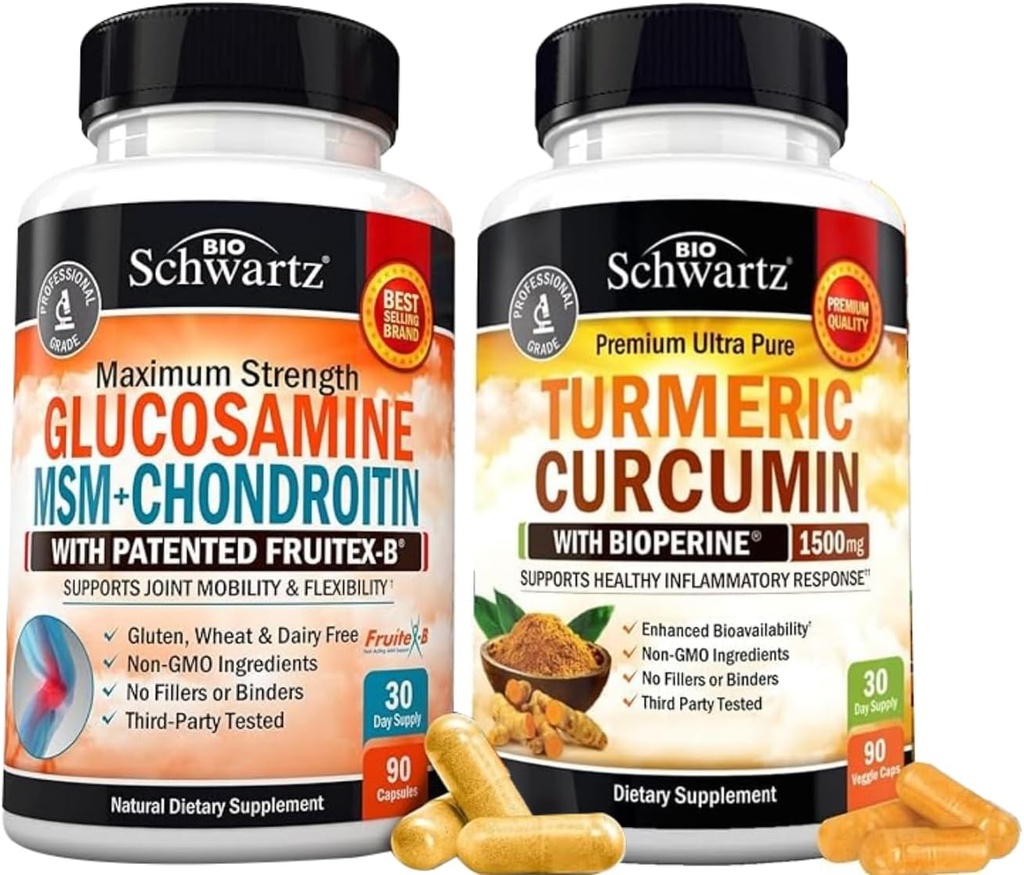 BioSchwartz Turmeric Curcumin med Black Pepper Extract 1500mg Complex (1 Månadsförsörjning) Plus Glukosamin Chondroitin MSM Triple Strength Joint Support Supplement (1 Månadsförsörjning)