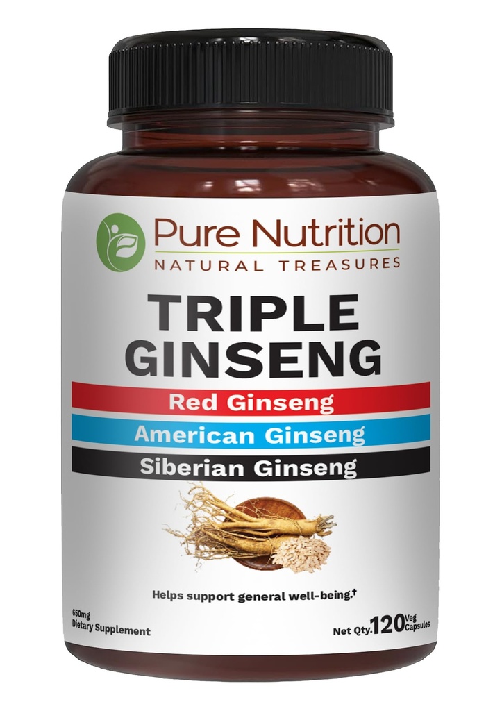 Pure Nutrition Triple Ginseng 650mg | 120 Caps | Komplex för män och kvinnor | Mycket effektiv kombination av rött, amerikanskt och sibiriskt Ginseng. Icke GMO