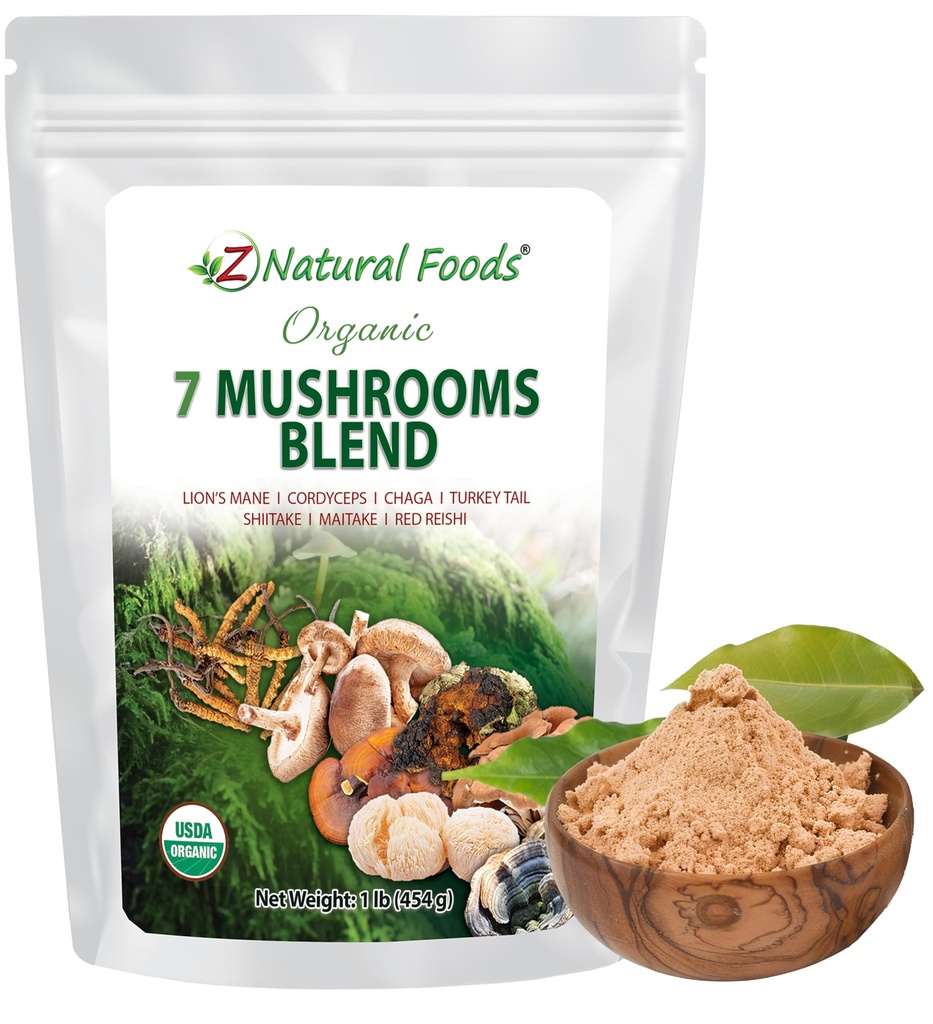 Z Natural Foods Organic 7 Sacred Mushrooms Blend - Mushroom Powder för immunhälsa - Lion's Mane, Cordyceps, Chaga, Red Reishi, Shiitake, Maitake & Turkey Tail Extract för kaffe, Smoothies, 1 lb
