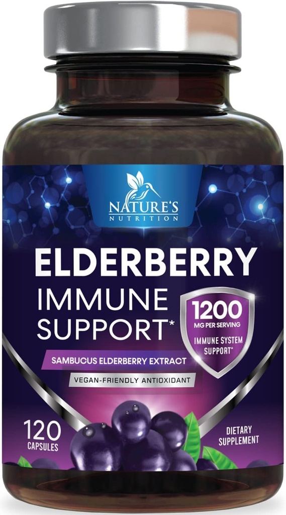 Elderberry Immune Support 1200mg - Daily Immune Support för vuxna med koncentrerad sambukus Black Elderberry Extract - Antioxidant Vitamin Supplement, Gluten Free, Bottled i USA - 120 kapslar