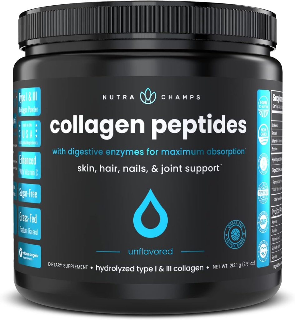 Collagen Peptides Powder - Förbättrad absorption, Double Hydrolyzed, Grass Fed, Keto Protein Powder med vitamin C - Premium Supplement för hårväxt, hud, naglar, gemensamma & ben, osmakad