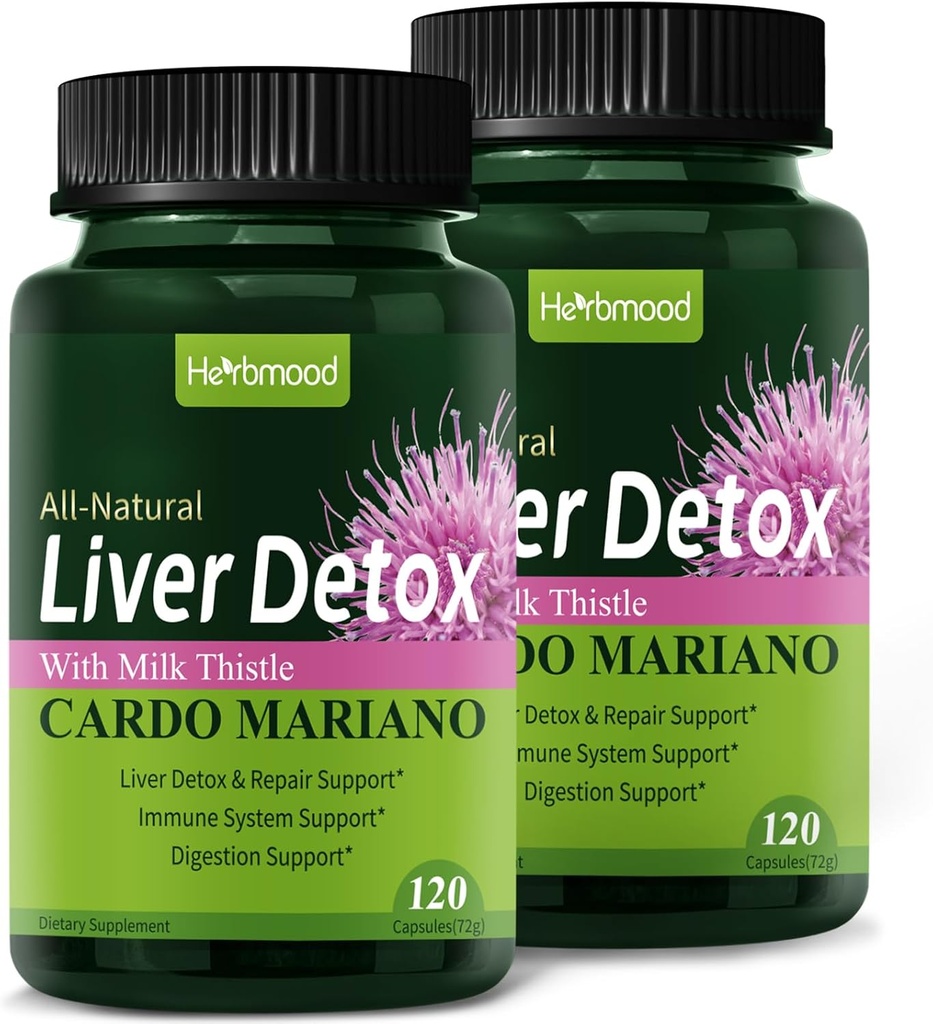 Herdmood Silymarin Milk Thistle Liver Detox Capsules for Fatty Liver, Alcachofa y Cardo Mariano con Silimarina para el Higado Graso, Liver Cleanse Detox & Repair Formula w/Artichoke Extract. 240Count